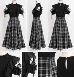 【GRL】チェック柄ドッキングショルダーオープンワンピース