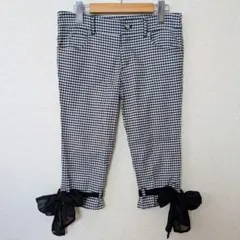 大人可愛い♡ クロップドパンツ ギンガムチェック 裾リボン付き 黒×白 Mサイズ