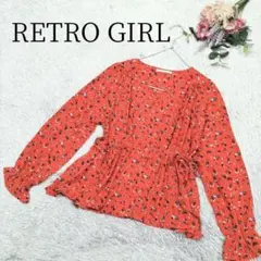 【レトロガール】花柄 ブラウス トップス 赤 Mサイズ ウエスト紐付き