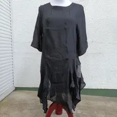 新品未使用 ブラック　黒いリネン風半袖Aラインワンピース　M~Lサイズ