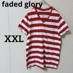 【XXL】赤と白のストライプ Tシャツ Ｖネック　faded glory 半袖