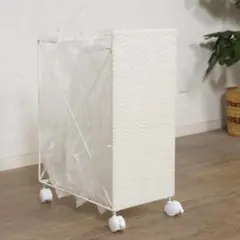 【新品】分別ごみ箱ラック　ラタン調　ダストワゴン　レジ袋用 　ホワイトのサムネイル