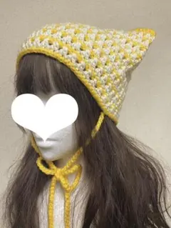 猫耳ニット帽 白と黄色 ストライプ