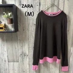 ZARA ザラ（M）ダブルレイヤード ロンT ブラウン×ピンク　袖長め　重ね着風