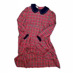 ヴィンテージタータンレッドワンピースベルベット襟ロマンティックグランジ 秋冬