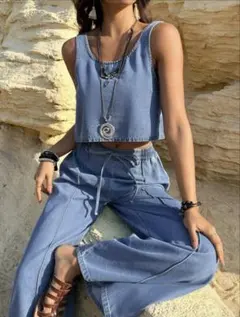 デニム クロップトップ ワイドパンツ セットアップ