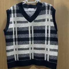 チェック柄 ニットベスト 重ね着 ブラック