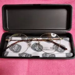 未使用Zoff ボストン型ラウンドメガネ シルバー度なしケースとメガネ拭き付鼈甲