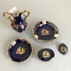 【リモージュ】フランス製陶器　ロイヤルブルー 22K 金彩 貴族絵柄 5点セットのサムネイル