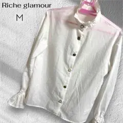 【Riche glamour】 長袖ブラウス フリルネック パールボタン 白 Mのサムネイル
