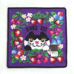 ANNASUIシェニール織ハンカチ ハチワレ猫、花、フルーツ（パープル、ブラック