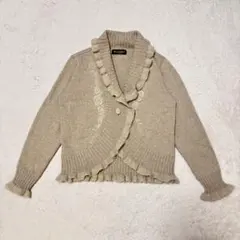 花刺繍 スパンコール フリル襟 ウール モヘアニット カーディガン ベージュ