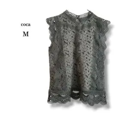 【coca】花柄総レースノースリーブブラウス　チャコールグレー　裏地あり　M