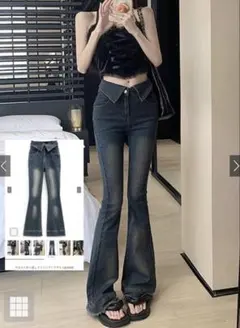 Sサイズ ウエスト折り返しフリンジフレアデニム[ks003]