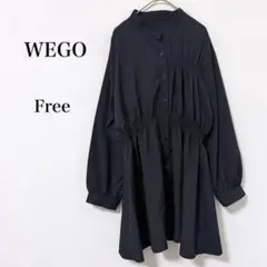 WEGO◇シャーリング チュニックシャツ バンドカラー 長袖 ブラック