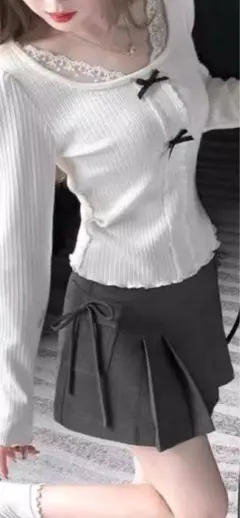 SHEIN リボン　ホワイト　韓国ガーリーシズニルック　トップス