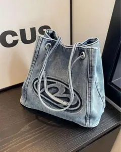 【美品】デニムトートバッグ 立体ロゴ ショルダーバック 2way 大きめバック