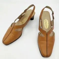 【美品】銀座ヨシノヤ 本革パンプス 23.5cm茶系オレンジ バックストラップ