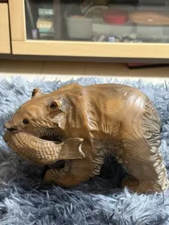 木彫り 熊 置物 鮭くわえ熊 木製 彫刻 アンティーク レトロ インテリア