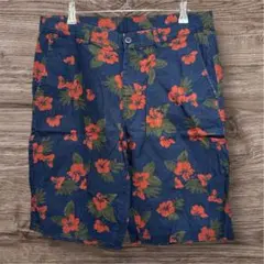 【極美品】ユニクロ リネンブレンドショーツ M 紺 ボタニカル柄 ハーフパンツ