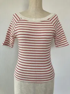 美品 レイカズン 半袖 リブ Tシャツ 細ボーダー 赤 白 オフショル 2wayのサムネイル