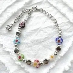 ③カラフル花柄 ビーズ ハンドメイド ブレスレット