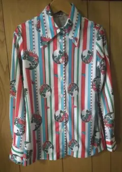 60s 70s ビンテージ 総柄シャツ レトロ 長袖 S相当