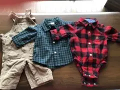 チェックシャツ2枚、コーデュロイオーバーオール　ベージュ