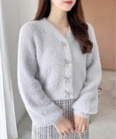 INGNI Vネックリボンボタンフェザーニットカーディガン