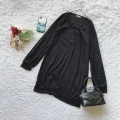 ハッシュアッシュ チュニック カットソー 長袖 麻混 ゆったり 黒 L ボーダー