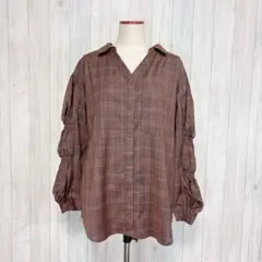 【REDYAZEL】長袖 シャツブラウス 羽織り チェック柄 Vネック ブラウン