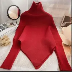 新品　タートルネック ニットトップス 赤　リブニット　セーター　長袖　フリー