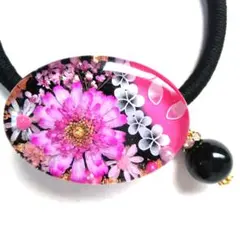 ヘアゴム レジン オーバル型 天然石オニキスとマトリカリア 桜模様