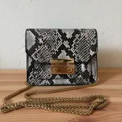 2093【パイソン柄】ミニバッグ　ショルダーバッグ ゴールドチェーン　グレー