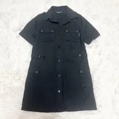 COMME CA ISM 110A 黒シャツワンピ　ミリタリー半袖