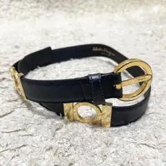 フェラガモ　レザー　ベルト　ガンチーニ　ゴールド金具　ブラック　黒