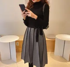 美品【DHOLIC(dholic)】リボン ニットワンピース ストライプ 黒