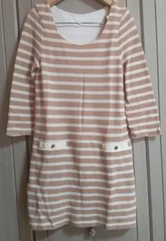 美品　ワールド　ニットワンピース　M　ボーダー　チュニック　七分丈