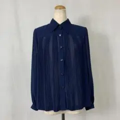 W972 used 昭和 レトロ プリーツ ネイビー 透け感 シャツ トップス