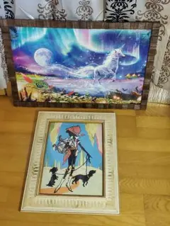 2枚セット♪　幻想ユニコーン　 ジグソーパズル　 &　 レトロ　刺繍画　 額付き