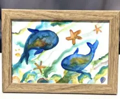 イルカの親子 海の絵 風景画 オイルパステル画 ハガキサイズ 絵画 #165