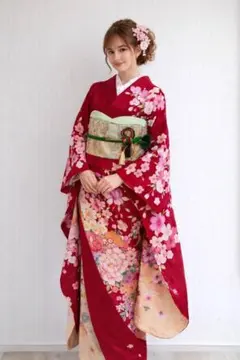 振袖フルセット 赤 桜柄 正絹 成人式 結婚式 古典柄 豪華６点セット✨