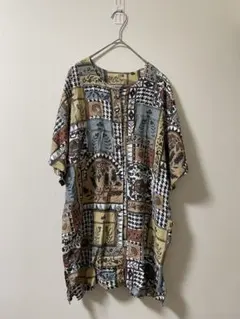 ヴィンテージ SCIROCCO 総柄 襟なしシャツ ビスコース100% 3-19