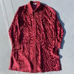 90s 希少 極美デザイン ゼブラ総柄 ベルベット切替 ロングシャツ 濃赤