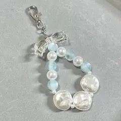 推し活 ビーズストラップ リボン ブルー×パール スマホアクセサリー