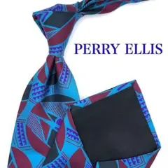 【美品】PERRY ELLIS ネクタイ 総柄 青 ブルー シルク 個性的のサムネイル