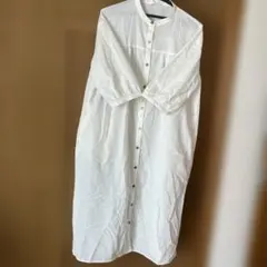 バンドカラー ロングシャツワンピース 麻混　Ｌのサムネイル