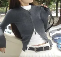 ダークグレー ジッパー付き リブ編み トップス