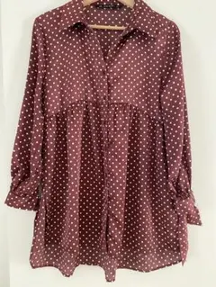 ZARA BASIC ドットブラウス　ボルドー　リボン袖