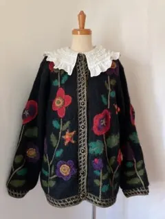 used レトロ 花刺繍 ニットカーディガン 古着 ヴィンテージ vintage